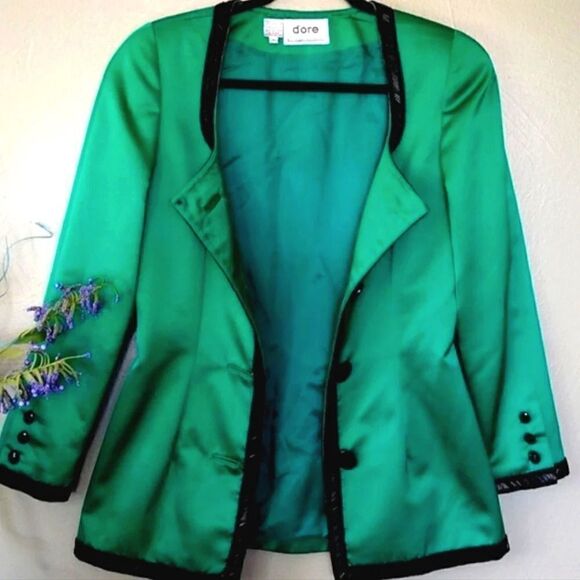VTG 90s Della Roufogali Green Satin Black Embellished Designer Blazer Size 6 - Picture 8 of 11